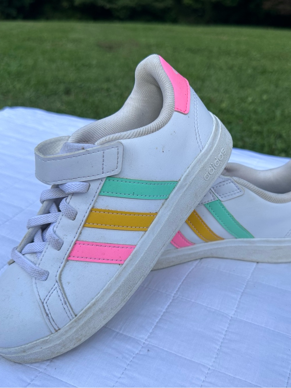 adidas Kids White Sneakers with Pink, Mint and Yellow Accents